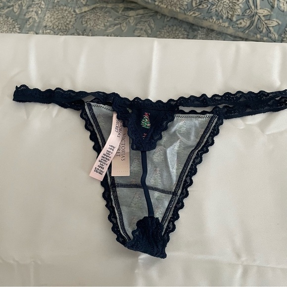 2 Victorias Secret VS NWT G V String Panty Teal Navy Blue Christmas Underwear S - Picture 5 of 11